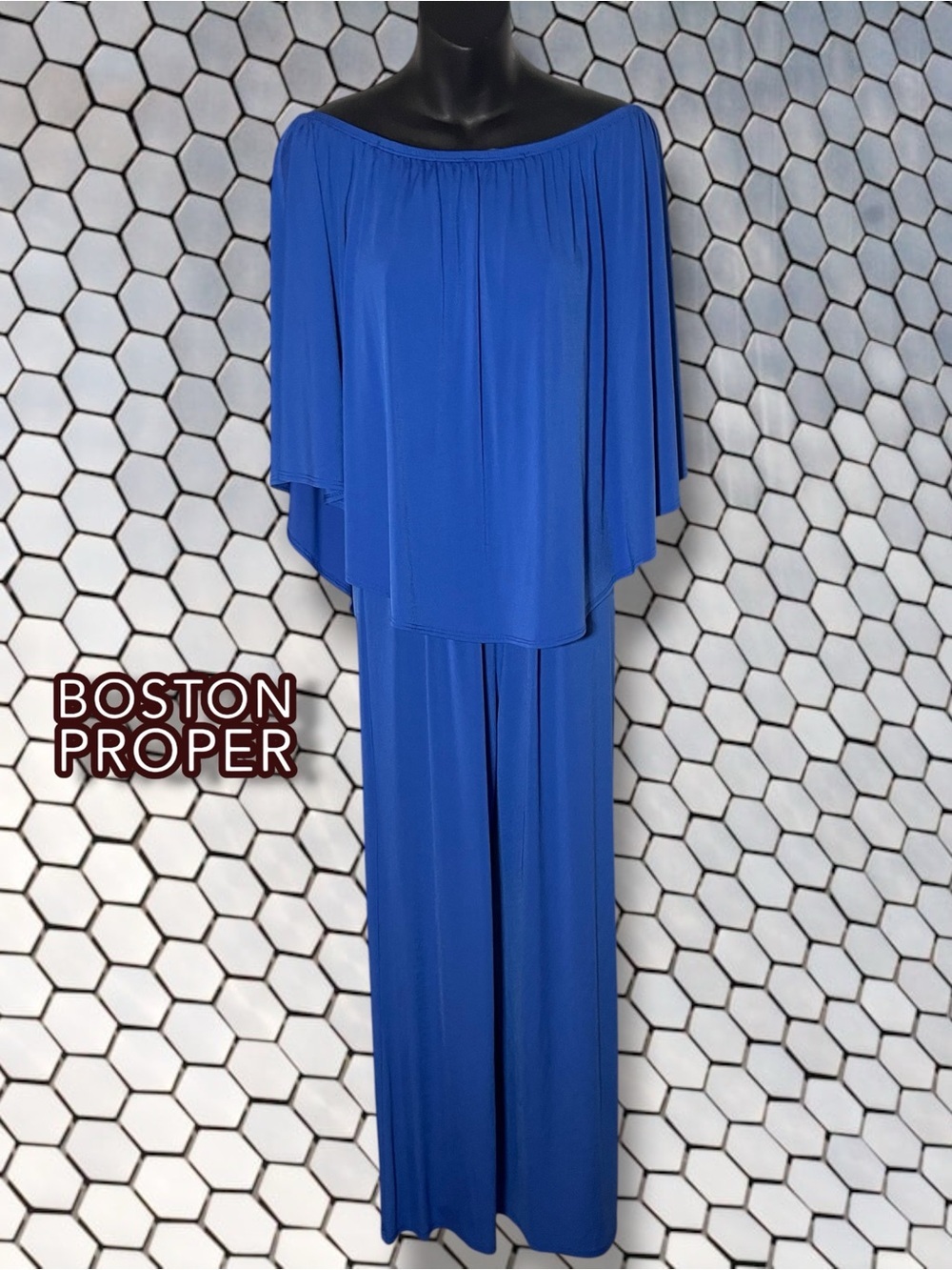 Boston Proper Off-the-Shoulder Wide-Leg Jumpsuit Ruffle Overlay Small Royal Blue